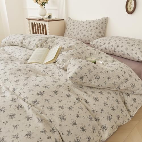 Image of Vintage Gray Ditsy Floral Duvet Cover Set, Cream Off-White Double Layer Gauze Cotton Bedding Set, Soft Breathable Floral Bed Cover for Cottagecore French Country Bedroom Decor, Queen Size