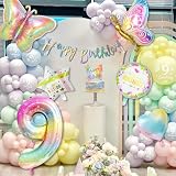 Dekoracja urodzinowa 9 lat dziewczyna z motylami, girlanda z okazji urodzin, balonów i ozdób na tort