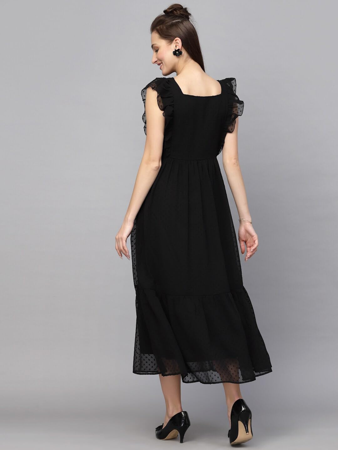 Avanova Georgette Jacquard Butti Black Square Neck Knee Length Western Dresses For Women (Dress 89 Black M)