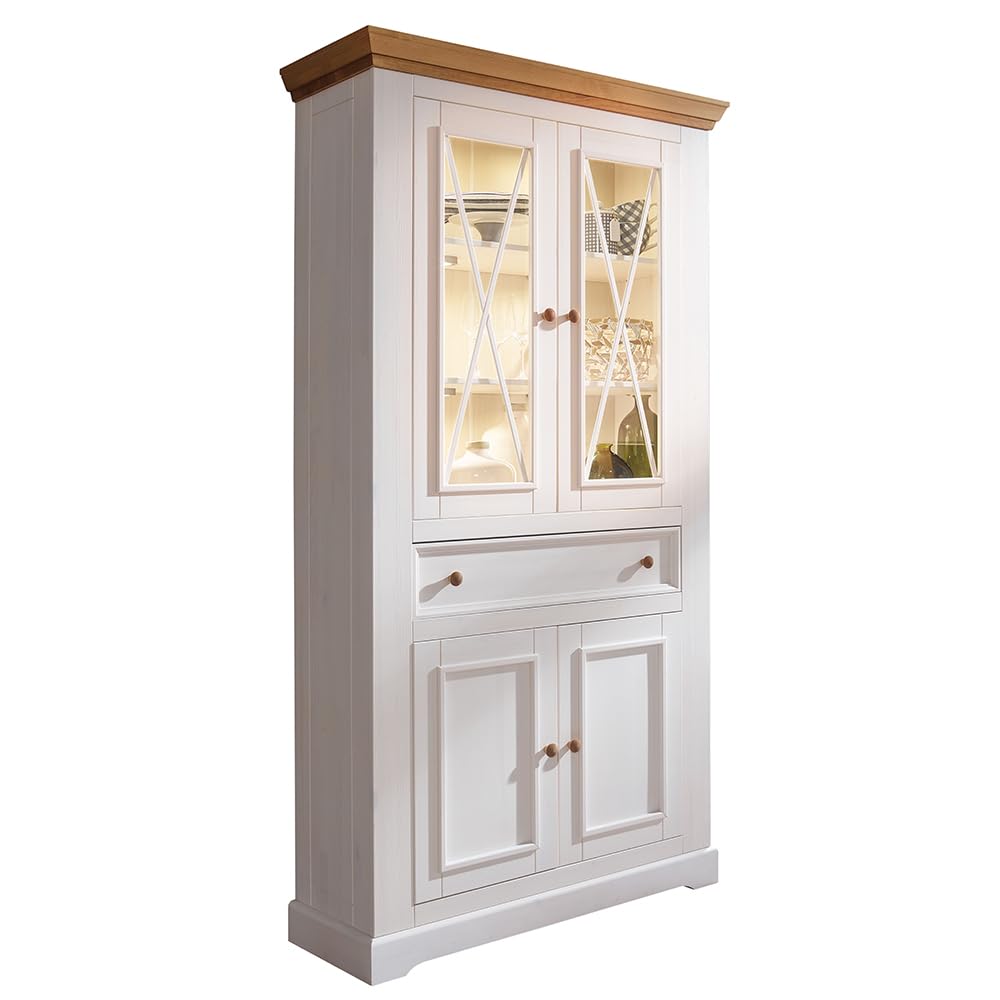 Lomadox Wohnwand TV-Wand Kiefer weiß Eiche 4-teilig Landhausstil, 1 Vitrine, 1 Vitrinenschrank, 1 Lowboard, 1 Wandboard