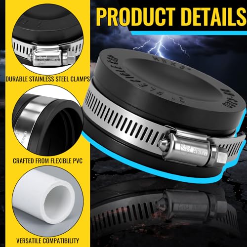 Image of 6 Pack 2 Inch Flexible PVC Pipe Cap with Stainless Steel Clamps - Black Durable End Caps for Drainage, Wastewater & Vent Pipes, Above /below Ground Use