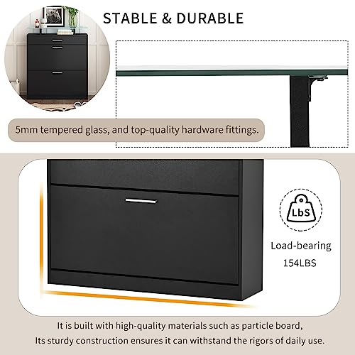 Angel Sar Black Shoe Cabinet With 2 Flip Drawers, Tempered Glass Top Shoe Storage Cabinet With Drawer, Free Standing Shoe Rack With Led Light For Hallway, White #TOP6