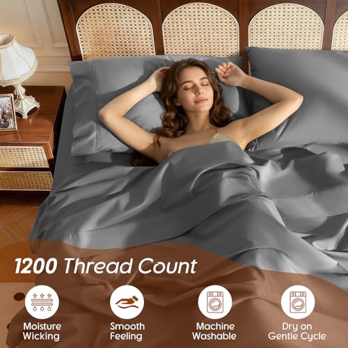 Image of 100% Egyptian Cotton Sheet Set 4 Pcs , 1200 TC, 16 inch Deep Pocket Sheet Queen | Long Staple Cotton Sheet, Soft and Breathable, 1 Fitted Sheet, 1 Flat Sheet, 2 Pillowcase Cozy for All Season, Dark Gray