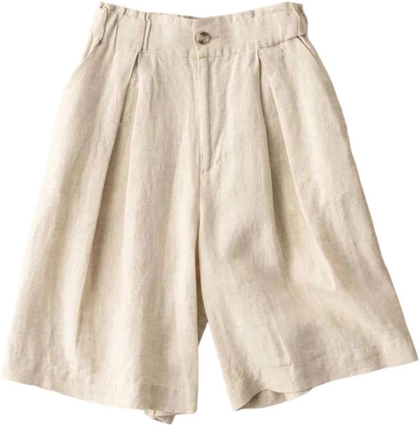 Women Casual Cotton Linen Wide Leg Shorts Summer Straight Leg Loose Pants