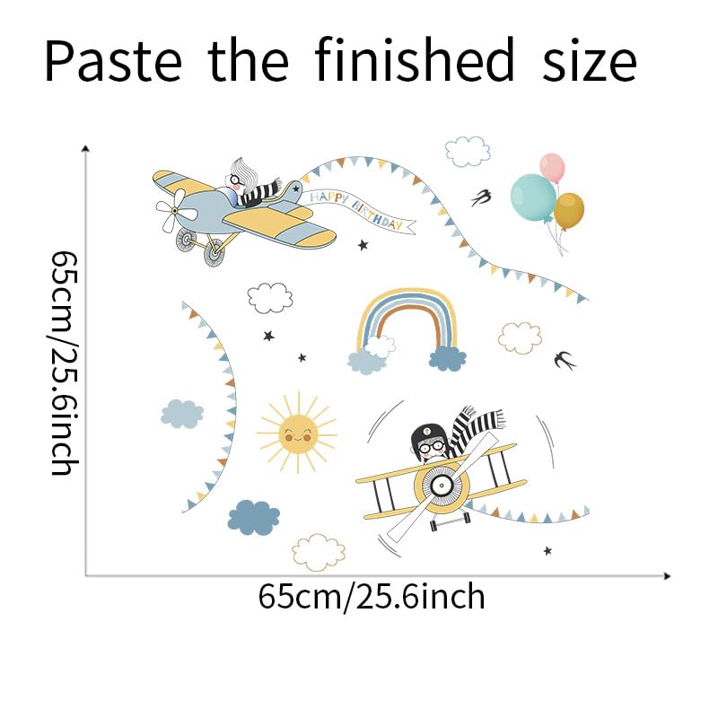 Image of Adorable Flying Airplane Bunny Rabbit Nursery Mural Wallpaper with Sun, Rainbow, Balloons, Happy Birthday Garland and Clouds Background Children's Bedroom, Playroom D�cor