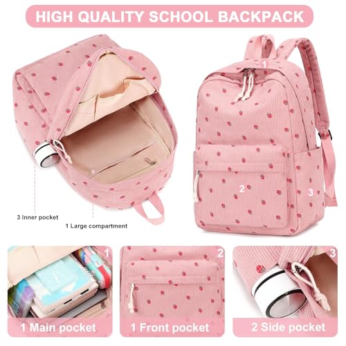 LOIDOU Schulrucksack Mädchen & Jungen Teenageralter Leichter Rucksack Damen für Schule Wasserabweisend Daypack Bookbag Colleg Work (Strawberry rosa Cord)