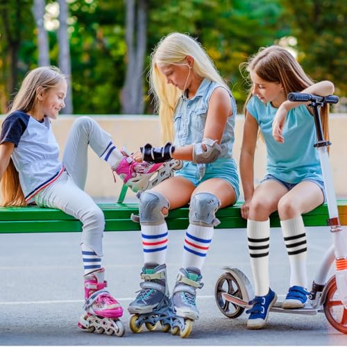 Shihanee 6 Pairs White Knee High Socks Striped Tube Socks Roller Skate Skating Soccer Athletic Sports Long Stockings Leg Warmer Gifts for 7-12 Year Girls Youth Kids Team Teens4