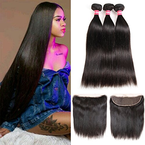 LONG YAO Brazilian Straight Virgin Hair 3 Bundles with Frontal Closure 13×4 Ear to Ear Lace Frontal with Bundles 100% Virgin Human Hair Extensions Weave weft Natural Color (12 14 16 W 12 Frontal)
