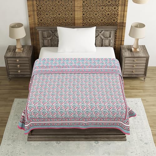 Image of BLOCKS OF INDIA Hand Block Printed Cotton Single Size Reversible Malma Dohar for Summer (Turquoise Pink Jaal, 200 Tc)