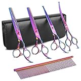 DRGSKL 7' Dog Grooming Scissors Kit Multicolour, Premium Japanese 440C Stainless Steel Straight Scissors, Thinning Shears, Curved Scissors, Chunker Shears with Steel Comb for Precise Styling