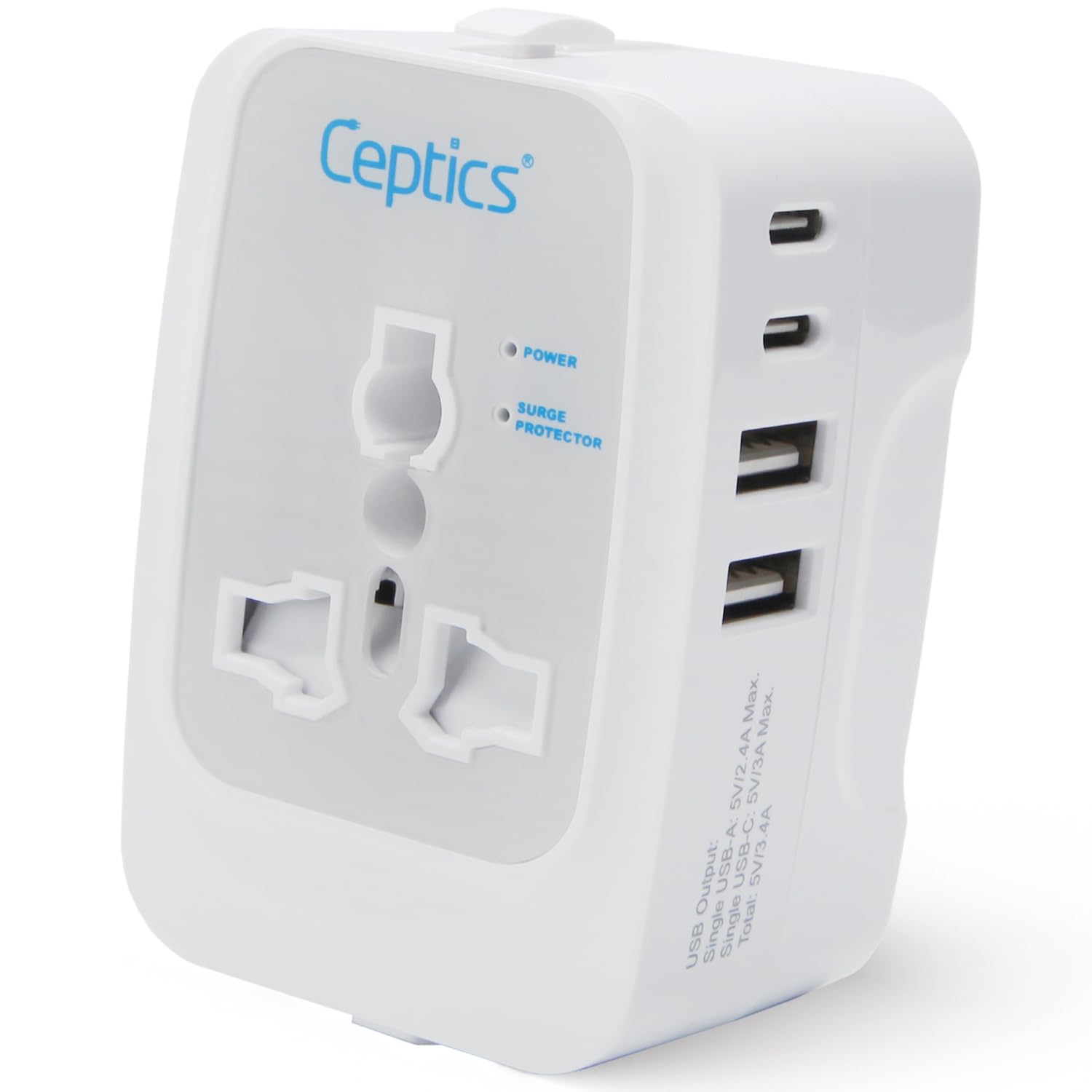 Ceptics Universal Charger Adapter, 5 in 1 Universal Travel Adapter with Type C, 17W Universal Travel Adapter All in One, Universal Travel Essentials with 2 USB A, 2 USB-C 3.4A Universal Adaptor, White-image-17