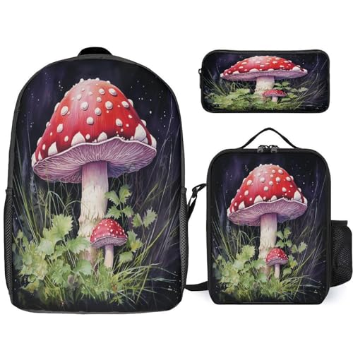 Mushrooms in The Grass 3pcs Lightweight Travel Backpack Printed Backpack With Lunch Pack Storage Box Case