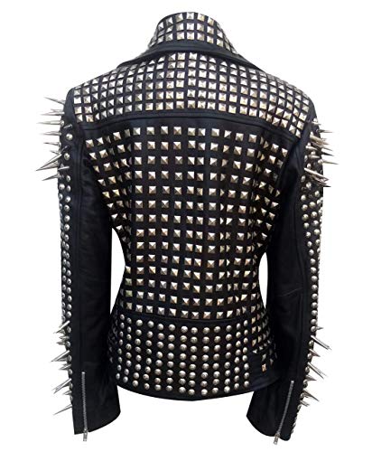 SKY-SELLER Women's Metal Spikes Brando Motorcycle Slim Fit Genuine Leather Coat - Biker Black Studded Leather Jacket4