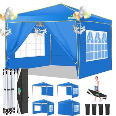COBIZI 10x10 Pop Up Canopy with 4 Removable Sidewalls, Canopy Tent for Parties Waterproof Wedding Event Shelter, Instant Outdoor Gazebos with Church Window,Carry Bag,4 Stakes,Ropes & Sandbags, Blue