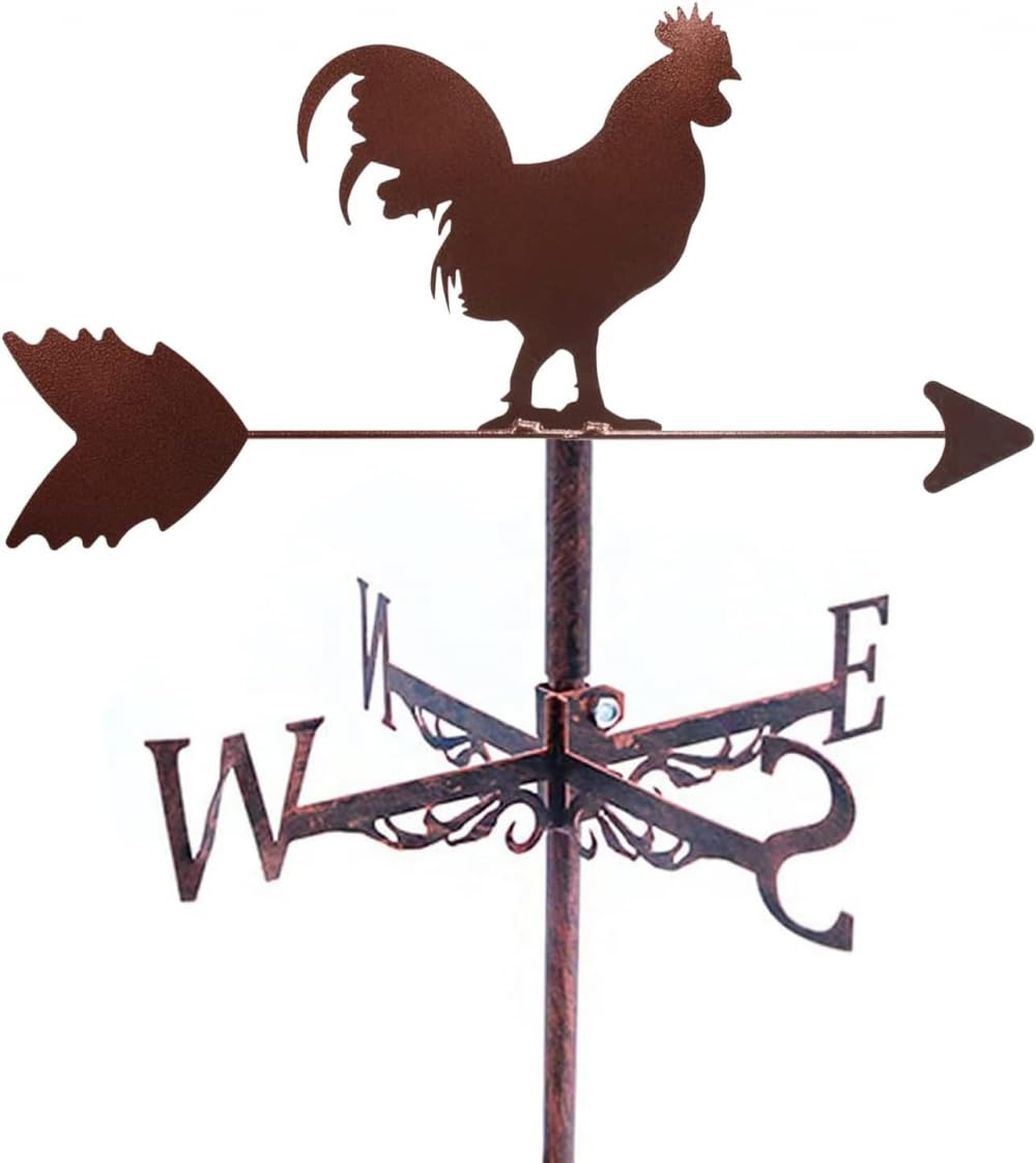 Segnavento in metallo sul tetto retrò a forma di gallo, indicatore di direzione del vento a banderuola per esterni, capannoni in ferro, cortile, tetto, fienili, decorazione