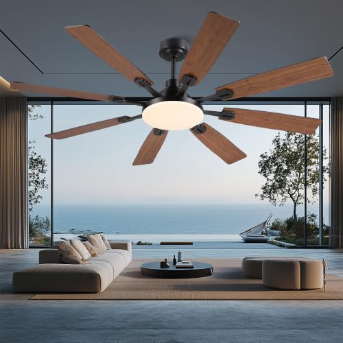 Image of JSAITEE 60In Ceiling Fans with Lights - Brown Low Profile Fan Light with 8 Blades, 6 Wind Speeds Reversible, Dimmable, Modern Light Fixture for Indoor Living Room, Kitchen, Coverd Patios
