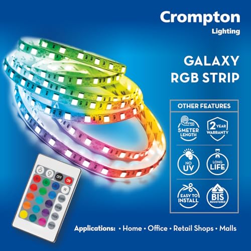 Image of Crompton Galaxy | Strip Light | 5 Meter | 300 LED | 36W | with in-Built Adaptor | Multicolour LED Lights (RGB) | Operated with Remote Control | 16 Modes Remote Control| Pack of 4