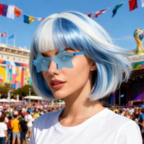 Image of ANOGOL Hair Cap + (Sunglasses) Blue White Bob Wig with Bangs Womens Blue White Party Wigs with Sunglasses Short Neon Wig Fun Wigs Halloween Costume Bachelorette Hair Sports Event St Patrick Day