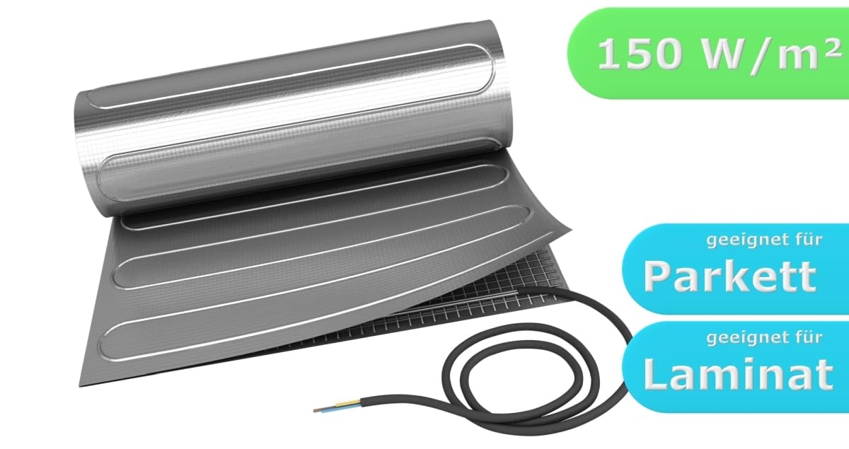 Elektrische Fußbodenheizung HoWaTech ALU für Laminat Parkett Vinyl Komplett Set TWIN Heizmatte 150 W/m², Heizfläche:8.00m²