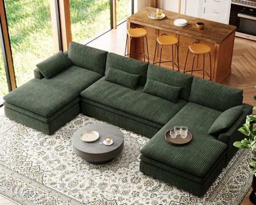 Belffin Large Modular Sectional Sofa with Double Deep Chaise, 135" Corduroy U Shaped Sectional Couch with 9" Soft Dual-Layer 6 Seats U Shaped Couch for Living Room, Apartment, Green