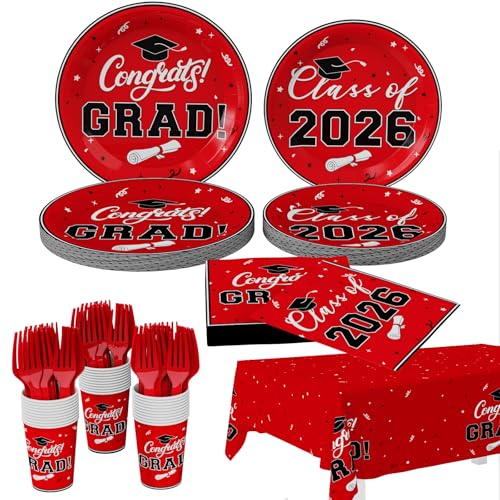 Tbsone Class of 2026 Graduation Plates and Napkins Set Red and Black Disposable Tableware for 25 Guests Includes Plates Napkins Cups Forks and Tablecloth Party Decorations Supplies (126 PCS)