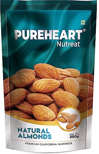 Image of Pureheart Nutreat Natural Almonds (200 gm) Premium California Almond Nuts /Dry Fruit, Crunchy & Delicious Dried Badam - Resealable Pouch