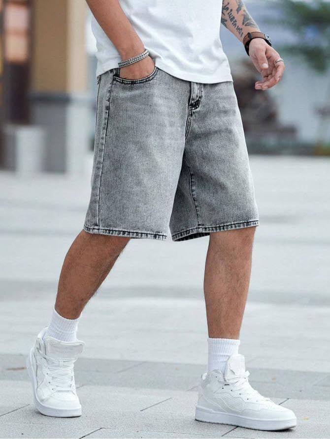 Image of GRECIILOOKS Denim Shorts for Men Stylish | Casual Knee Length Washed Jorts | Regular Fit Jeans Half Pant for Men with Distressed Design | Bermuda Mens Shorts for Summer Travel Streetwear