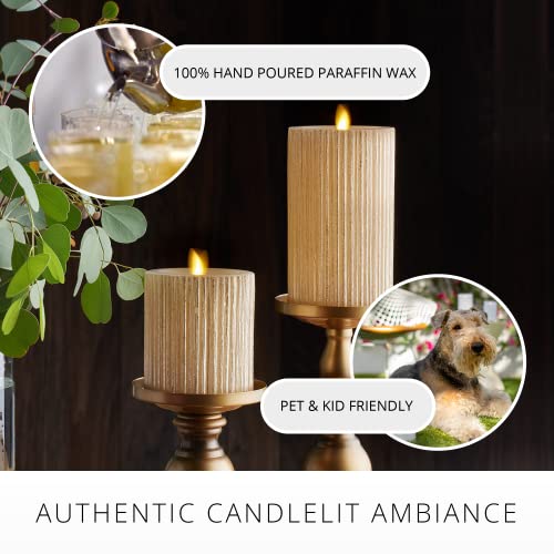 Image of Luminara Metallic Embossed Pillar, Champagne Flameless LED Candle 3.25 inch x 6.5 inch, Battery Operated Real Flame Technology w /Timer Function, Paraffin Wax