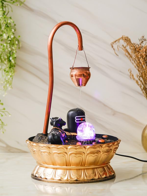 Image of Copper Metal Shivling with Nandi Tabletop Indoor Water Fountain with Crystal Ball and LED Light for Home Decor (28 x 28 x 46 CM : Color - Copper | Weight - 1380)