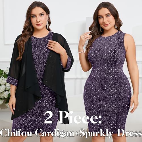 Image of ZOMVA Plus Size Sparkly Formal Dress Suit 2 Piece Mother of The Bride Groom Chiffon Jacket Outfit Cocktail Evening