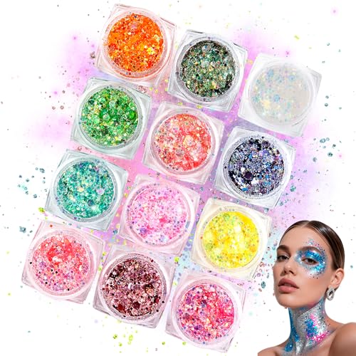 12 cores purpurina de gel, glitter maquilhagem im Dunkeln Leuchten, púrpura rosto festival para olhos, rosto, cabelo, unhas, brilho para o rosto para Halloween, Natal, Ano Novo, etc.