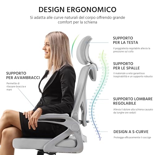 Sedia Ufficio Ergonomica con Braccioli Poggiatesta Regolabile Schienale Alto Funzione Dondolo Poltrona Scrivania Girevole in Rete Traspirante con Supporto Lombare Grigio Intero - Sedia gaming - Immagine 5