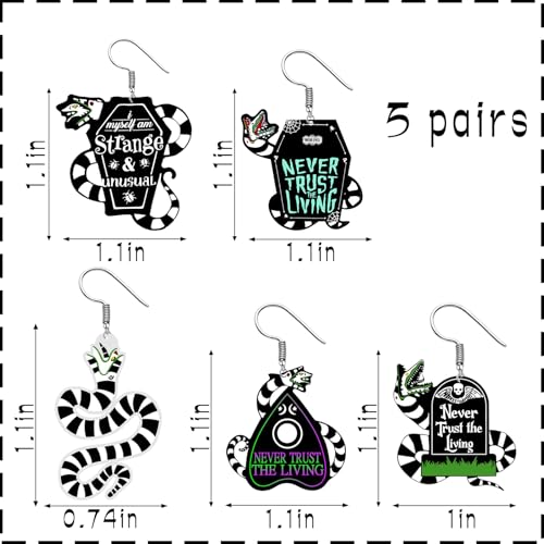 5 Pairs Betelgeuse Earrings Halloween Earrings for Women, Skull Tombstone Coffin Sandworm Snake Earrings Betelgeuse Merch Jewelry Accessories2