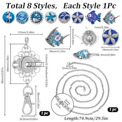 SUNNYCLUE 1 Box 8 Styles Women Badge Lanyards ID Badge Lanyard Cute Blue Enamel Rhinestone Ocean Fish Snap Button Lanyard Necklace Interchangeable Teacher Lanyards for Badge Holder Keys Name Tags - Image 2