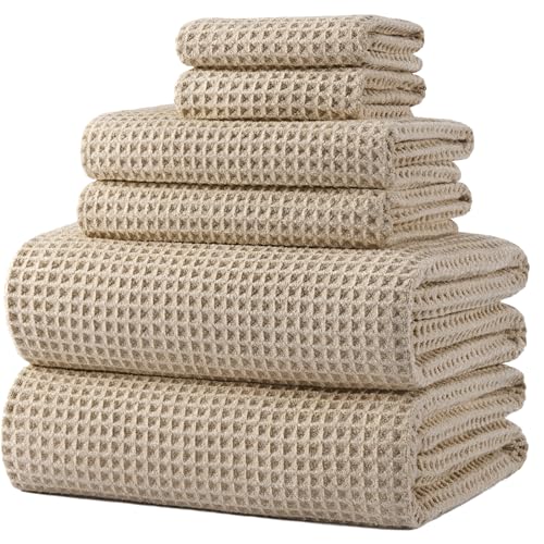POLYTE 430 GSM Microfiber Quick Dry Lint Free Oversize Bath Towel Set 6 Piece (Waffle Weave)