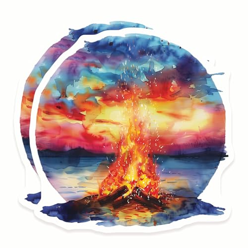 Campfire Sunset Stickers - Watercolor Bonfire Scene - Lake Landscape Art - Outdoor Adventure Decal - 2 Pack - 5 Inch Design - Smooth Surface Vinyl Stickers - Printed in the USA - IHS024