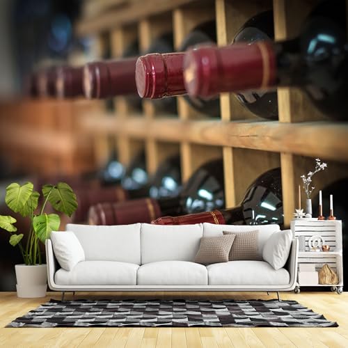 Murales de pared de tamaño personalizado, botellas de vino en estante de madera para bodega, almacenamiento de viñedos rústicos, tela de pared autoadhesiva (sin PVC), papel tapiz grande extraíble para