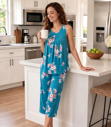 Image of NACHILA Pajamas for Women-Viscose Made from Bamboo, Sleeveless Pjs Tank Top Capri Pants Pajama Sets Cooling Sleepwear