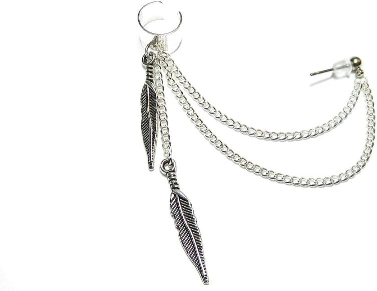 Silver Feather Dangle Chain Ear Cuff Earring Handmade