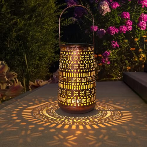 Solar Lantern Outdoor Hanging Lights Moroccan Metal Hollow-Out Solar Lantern Waterproof LED Decorative Light for Garden Yard Patio Pathway Tabletop Landscape