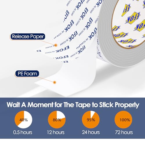 Image of Double Sided Tape Heavy Duty White PE Foam Tape, 2 In X 16.5 Ft Mounting Tape Removable Strips Strong Weatherproof Adhesive Tape for Hanging Picture Poster, Carpets, Paint Wall No Damage, 2 Rolls
