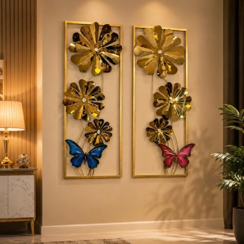 Image of SHREE 'O' GREEN TECH - Decorative Big Gold Metal Floral Butterfly Wall Hanging Art Frame Showpiece for Living Room Bedroom Drawing Room Interior Decor (Size 12x34 Inch)