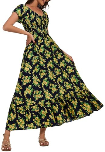 Image of Summer Smocked Boho Maxi Dress for Women 2026 Short Sleeve Floral Smocked Flowy Ruffled Beach Vacation Dresses Lightweight