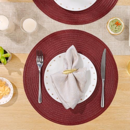 Image of SHACOS Round Placemats Set of 12 for Dining Table 15 inch Round Braided Place Mats Cotton Polyester Washable Non Slip Kitchen Table Mats, Burgundy