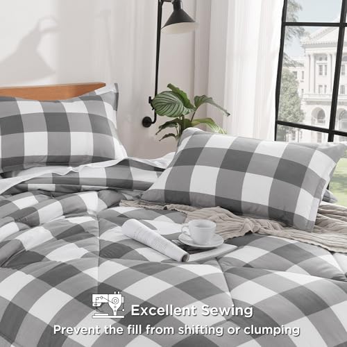 Image of Andency Plaid Comforter Full(79x90Inch), Gray White Checkered Gingham Buffalo Bed Set for Boys Teens, Lightweight Bedding, 3 Pieces(1 Comforter & 2 Pillowcases)