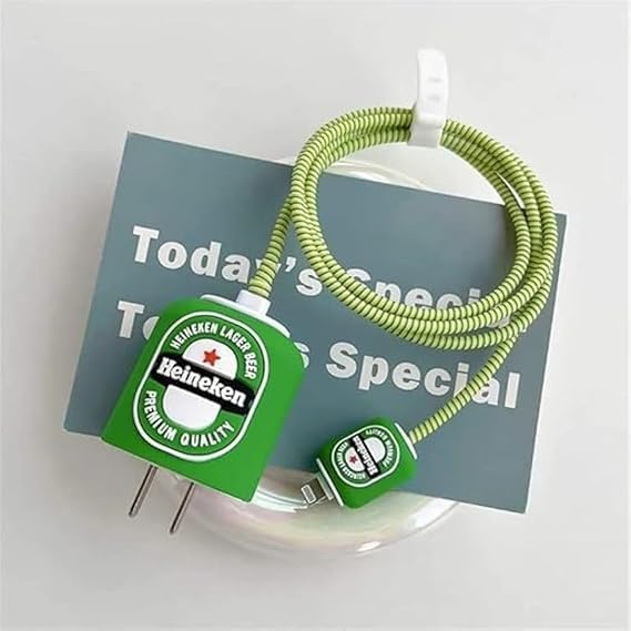 Image of PHONE PALACE 4 in 1 Compatible with Apple iPhone Charger Case Cover | Silicon Charger Case Cover for Apple 18-20W 360 Degree Protection Case with Wire Saver (Green Biscuit Bear)