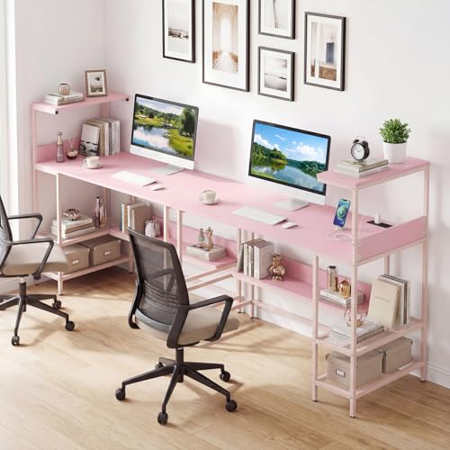 Image of Tangkula 48 inch Reversible Computer Desk with Bookshelves, Home Office Desk with Power Outlets, Hook and Storage Shelves, Writing Study Desk for Living Room, Study Room, Office (Pink)