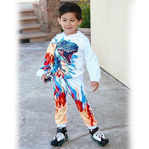 Image of HINTINA Baby Boys Dinosaur Long Sleeve Hoodie Tops Sweatsuit Pants Winter Outfit Set