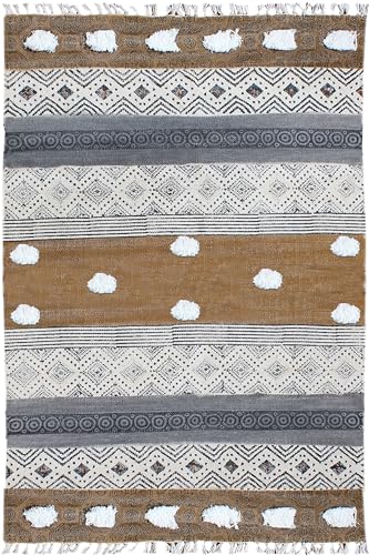 Tapis carrés style bohème en coton rayé noir et marron lavable - 2