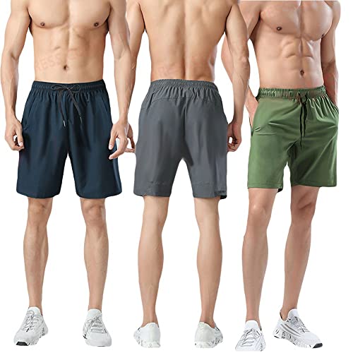 Kit 3 Short Masculina Bermuda Lisa de Academia e Corrida - Azul/Verde/Cinza Claro/M